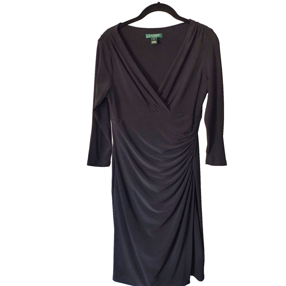Lauren Ralph Lauren Dress 8P Petite Black Faux Wrap Ruched Stretch *Small Flaw*